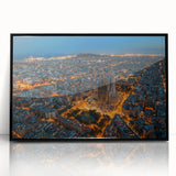 Large abstract wall art depicting a Barcelona cityscape in muted gray tones on a framed acrylic.