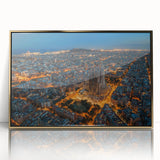 Art Deco poster of Barcelona skyline in gold and black hues, acrylic framed, ideal for modern art wall decor.