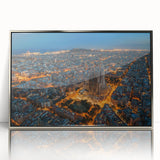 Large art print of Barcelona scenery in mid-century modernist style on silver-framed acrylic, ideal for modern wall decor.