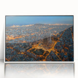 Mid-century modernist art of Barcelona skyline in muted blue tones on framed acrylic, ideal for nursery wall decor.