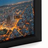 Extra large framed canvas depicting a textured, colorful Barcelona scenery in black, ideal for living room decor.