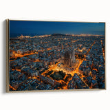 Framed canvas of a vintage Barcelona landscape in black and gold tones, ideal for bedroom wall art.