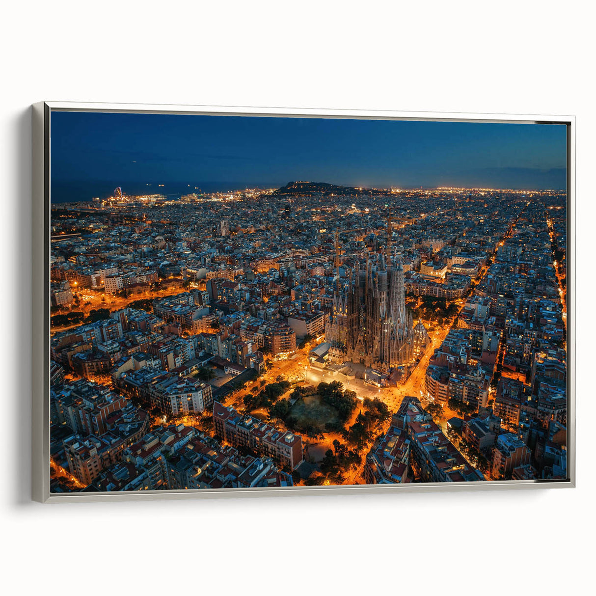 Landscape art painting of Barcelona in vibrant colors on a silver-framed canvas, suitable for living room decor.
