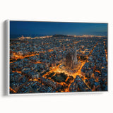 Vintage poster art of Barcelona skyline in vibrant colors on a large framed canvas, ideal for living room decor.