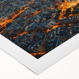 Art deco poster of Barcelona skyline in muted earth tones on rolled canvas, suitable for dining room decor.