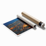 Extra large rolled print of Barcelona scenery with floral accents in muted colors, suited for classy bathroom wall art.