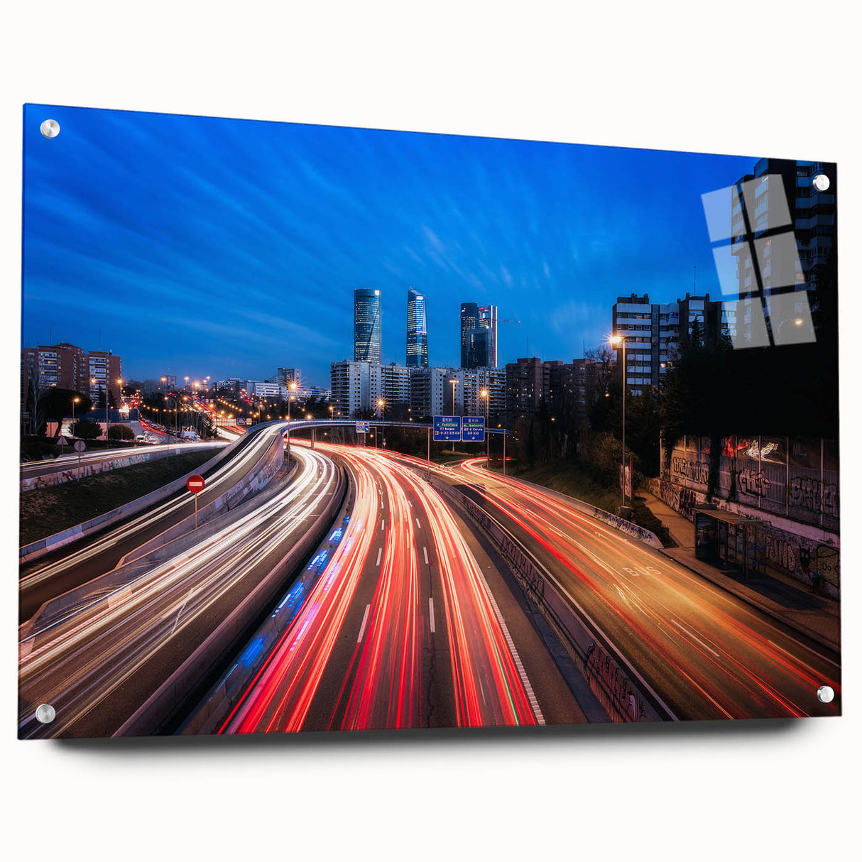 Acrylic glass print of Madrid scenery in muted earth tones, suitable for dining room decor.