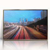 Large art print of Madrid skyline in muted gold and blue tones, acrylic framed, in a mid-century modernist style.