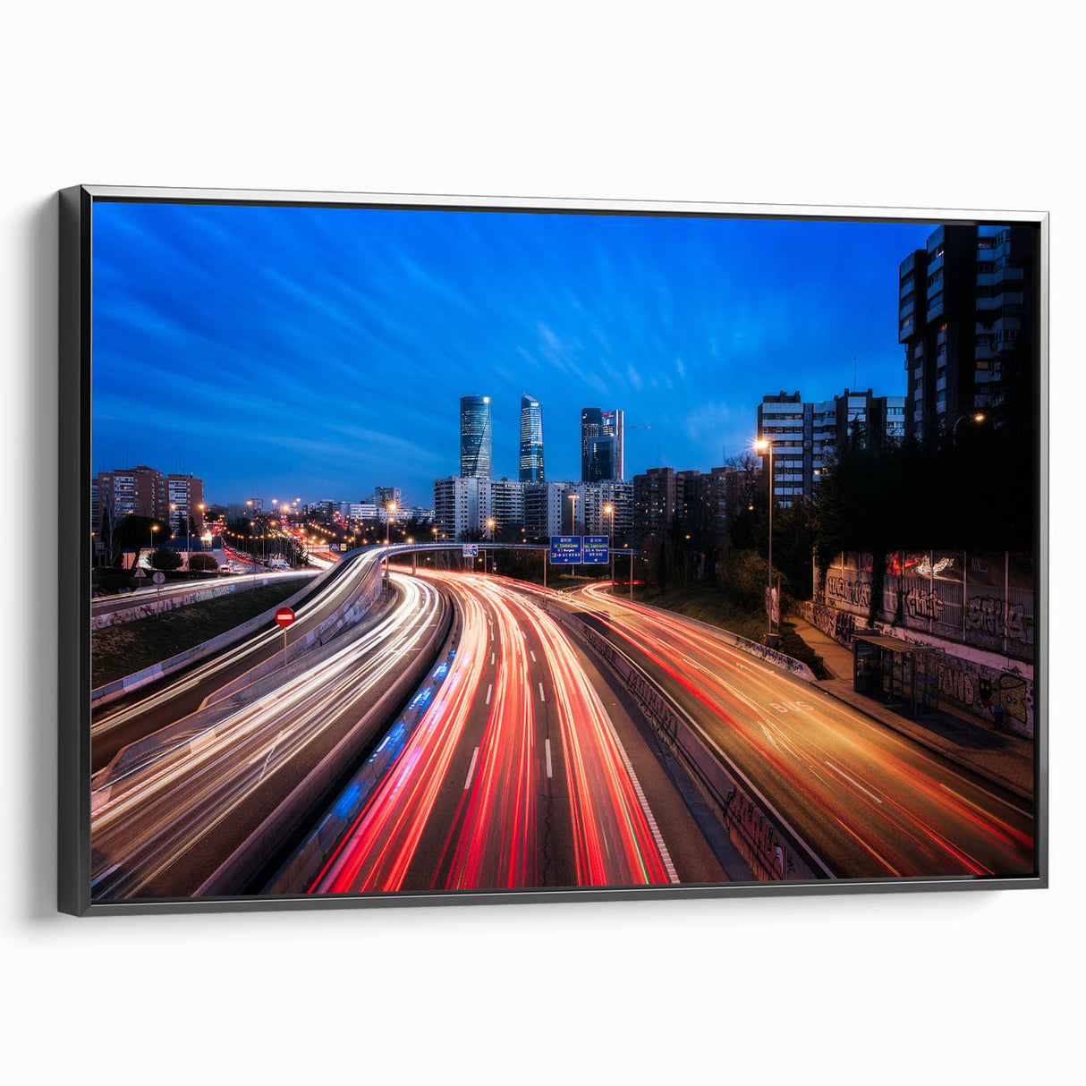 Black and white framed canvas of Madrid landscape, featuring vintage poster art style, ideal for bedroom wall decor.