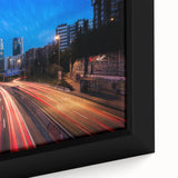 Extra large framed canvas of a textured, colorful Madrid cityscape in black with vibrant hues, ideal for living room decor.