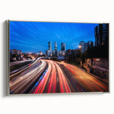 Landscape art painting of Madrid with colorful, vintage poster style on a black framed canvas, ideal for office decor.