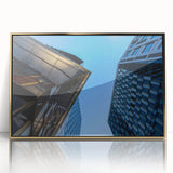 Large acrylic print of Stockholm scenery in gold frame, featuring mid-century modernist style.