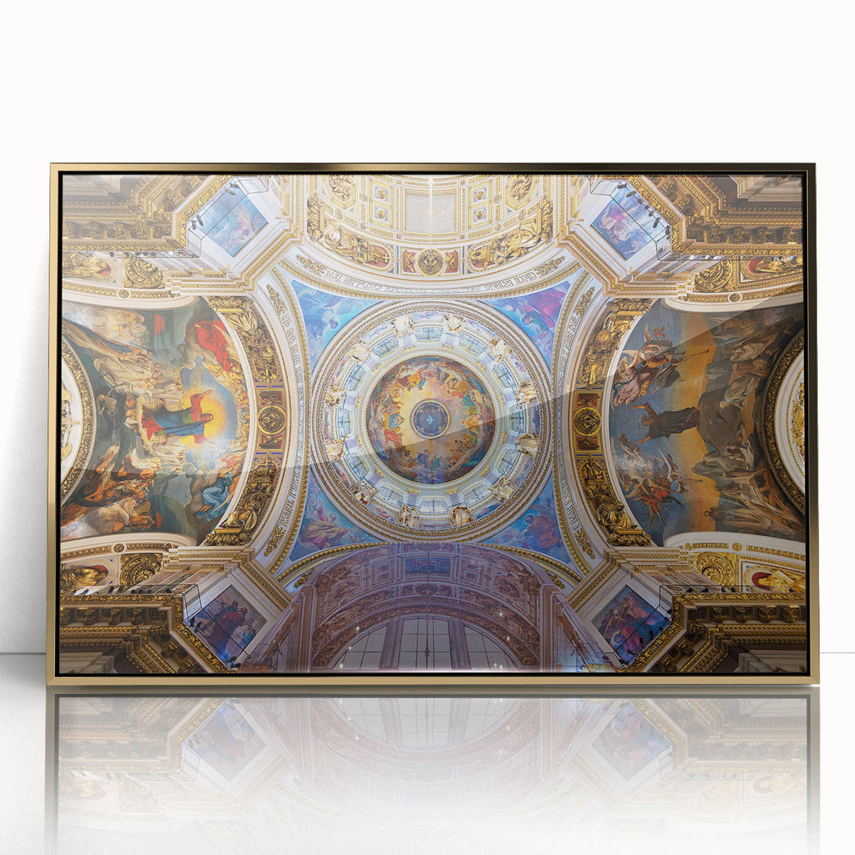 Large art print of the Vatican scenery in gold acrylic frame, featuring mid-century modernist style.