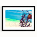 Extra large abstract art print of a colorful Yucatan scenery on textured canvas, framed in black.