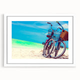 Abstract art print of Yucatán scenery in muted green and blue tones, framed with a white mat, suitable for dining room decor.