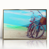 Mid-century modernist art of Yucatan scenery in vibrant colors on a gold-framed acrylic, ideal for modern art wall decor.