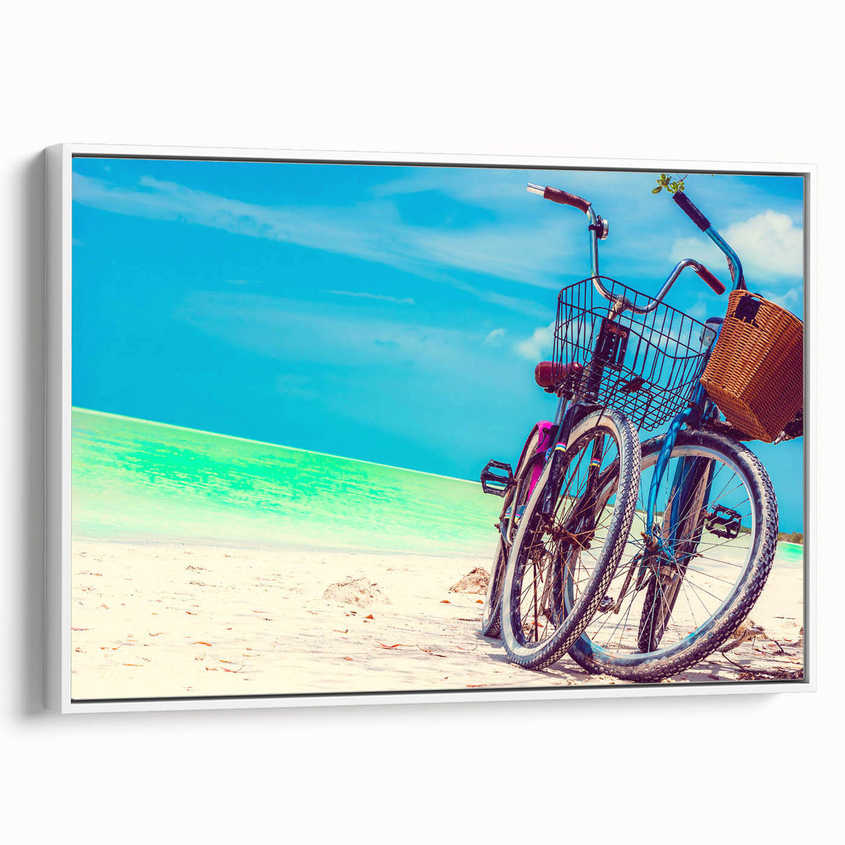 Vintage poster art of a Yucatan scenery on a white-framed canvas, featuring vibrant colors, ideal for living room decor.