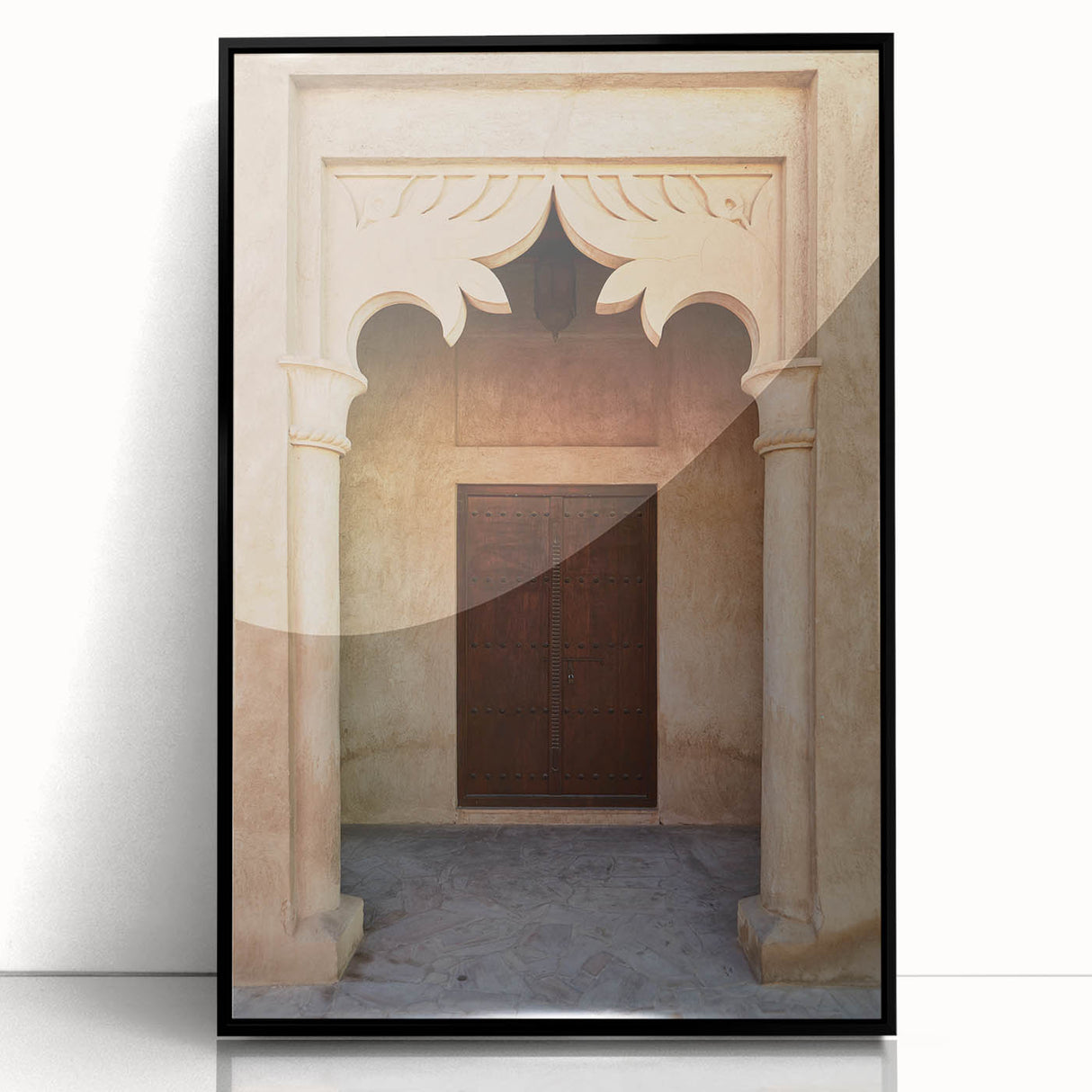 Large abstract wall art of Dubai skyline in muted gray and blue tones on framed acrylic, ideal for modern office decor.