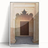 Acrylic print of Dubai skyline with art deco influence in muted gold and white, ideal for modern art wall decor.