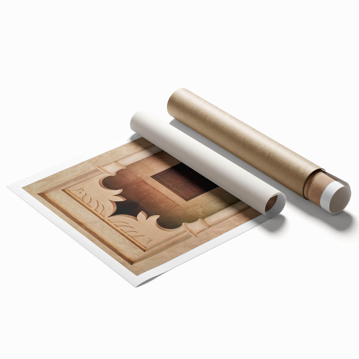 Rolled print of Dubai skyline in muted earth tones, ideal for classy bathroom wall art.