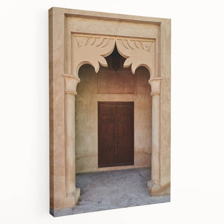 Side view of a stretched canvas featuring a detailed Dubai skyline in muted earth tones, ideal for kitchen wall art.