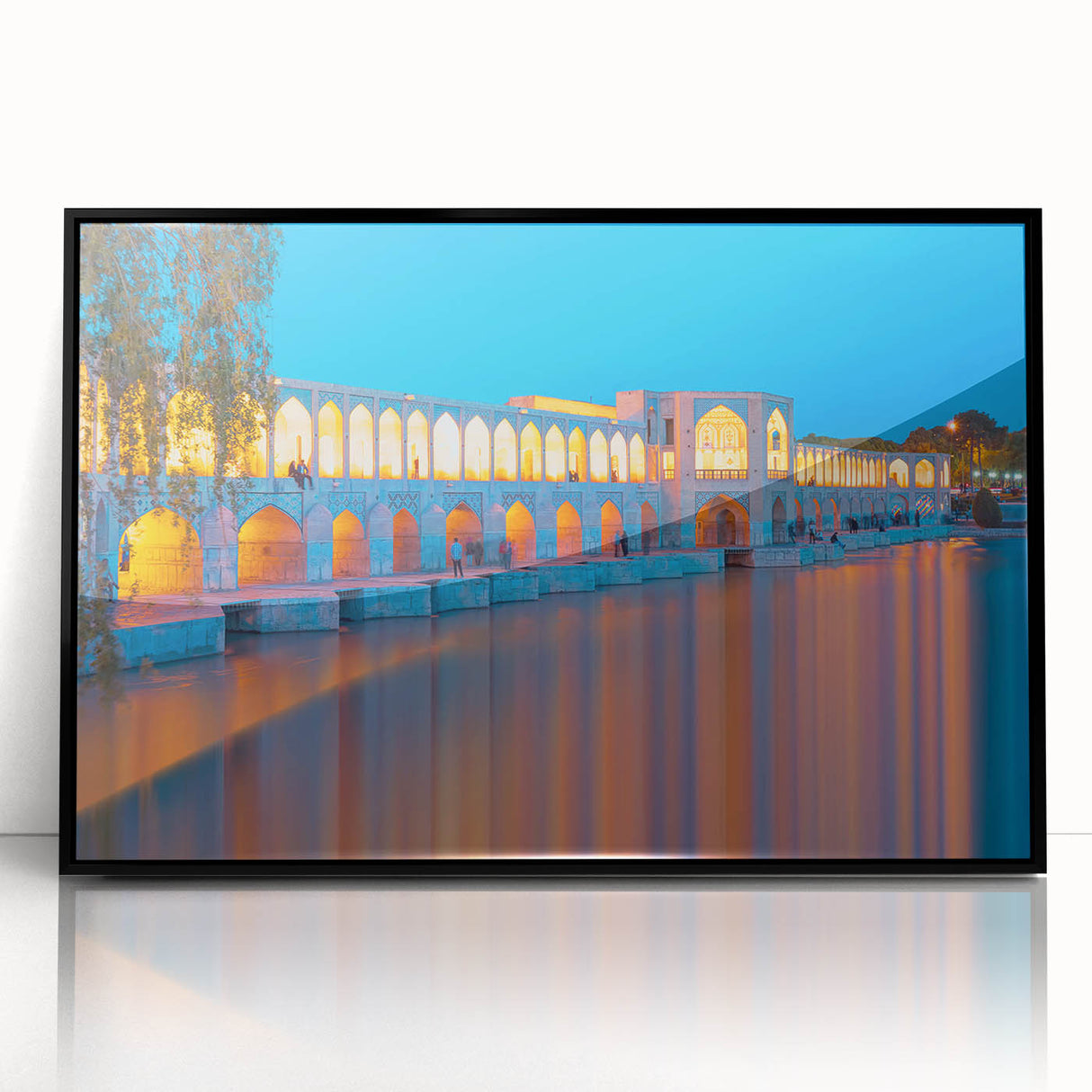 Large abstract wall art depicting a Middle Eastern landscape in muted earth tones, acrylic print in black frame.