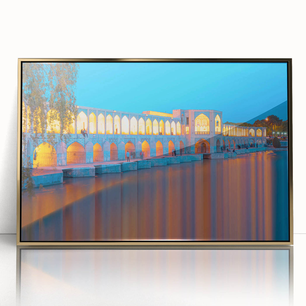 Mid-century modernist style large art print of a Middle Eastern scenery, featuring muted gold tones on a framed acrylic.