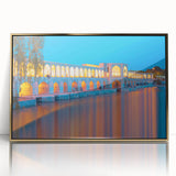 Mid-century modernist style large art print of a Middle Eastern scenery, featuring muted gold tones on a framed acrylic.