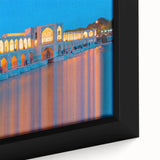 Extra large framed canvas featuring a textured, colorful Iranian scenery in black, ideal for living room decor.