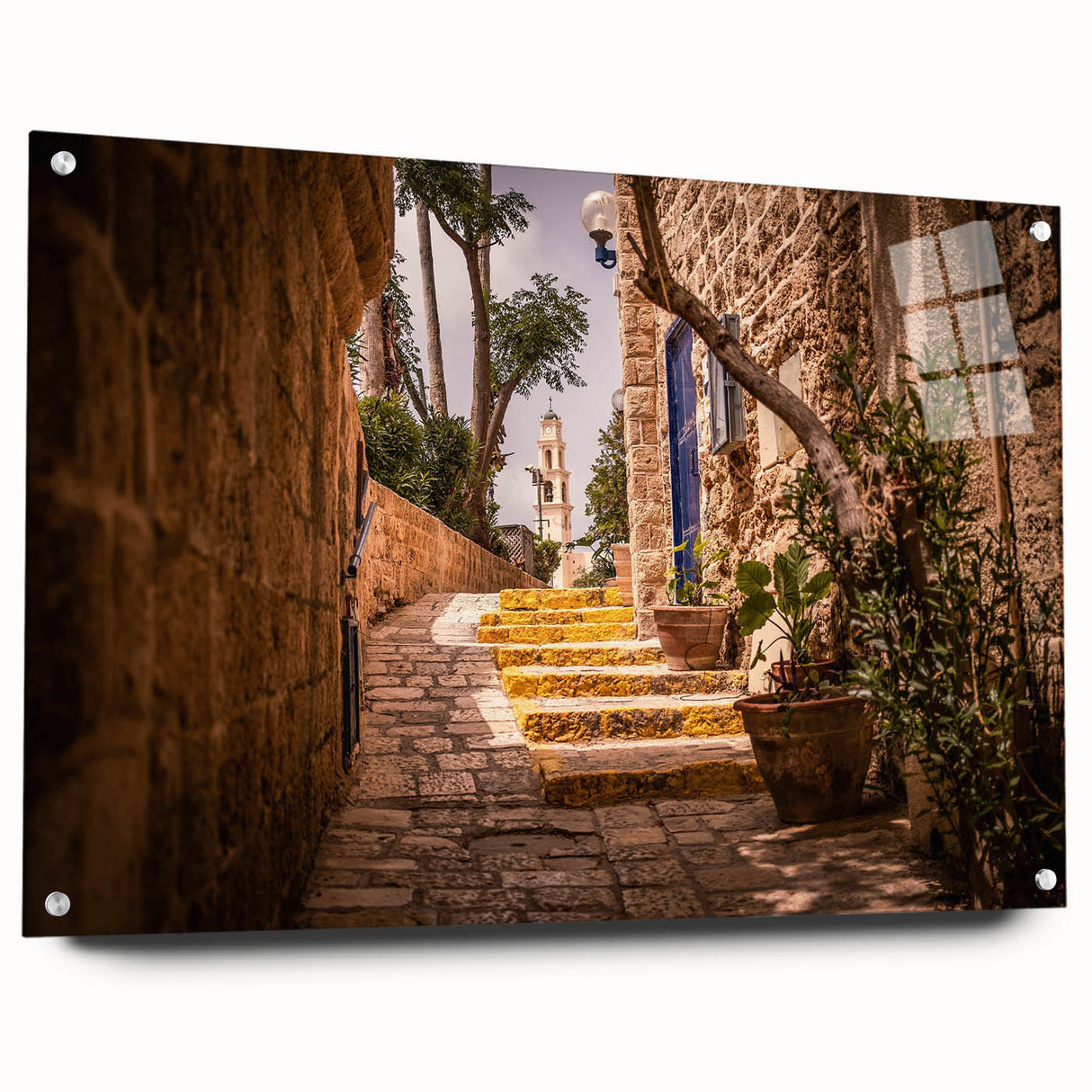 Acrylic print of Jerusalem skyline in muted earth tones, ideal for dining room decor.