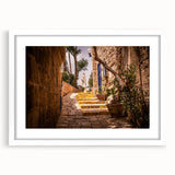 Abstract art print of Jerusalem in muted earth tones on a framed white mat, suitable for dining room decor.