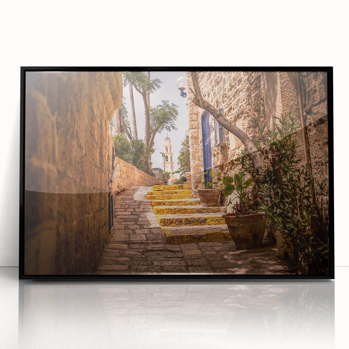 Large abstract wall art depicting the Jerusalem skyline in muted earth tones on a framed acrylic print.