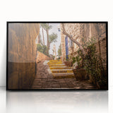 Large abstract wall art depicting the Jerusalem skyline in muted earth tones on a framed acrylic print.