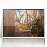 Acrylic print of Jerusalem skyline in muted earth tones, framed in white, suited for modern art wall decor.