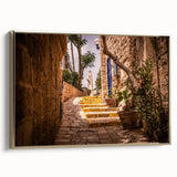 Framed canvas featuring a vintage-style landscape painting of Jerusalem in gold and black, ideal for bedroom wall art.