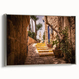 Framed canvas depicting a vintage-style Jerusalem landscape in muted earth tones, ideal for living room decor.