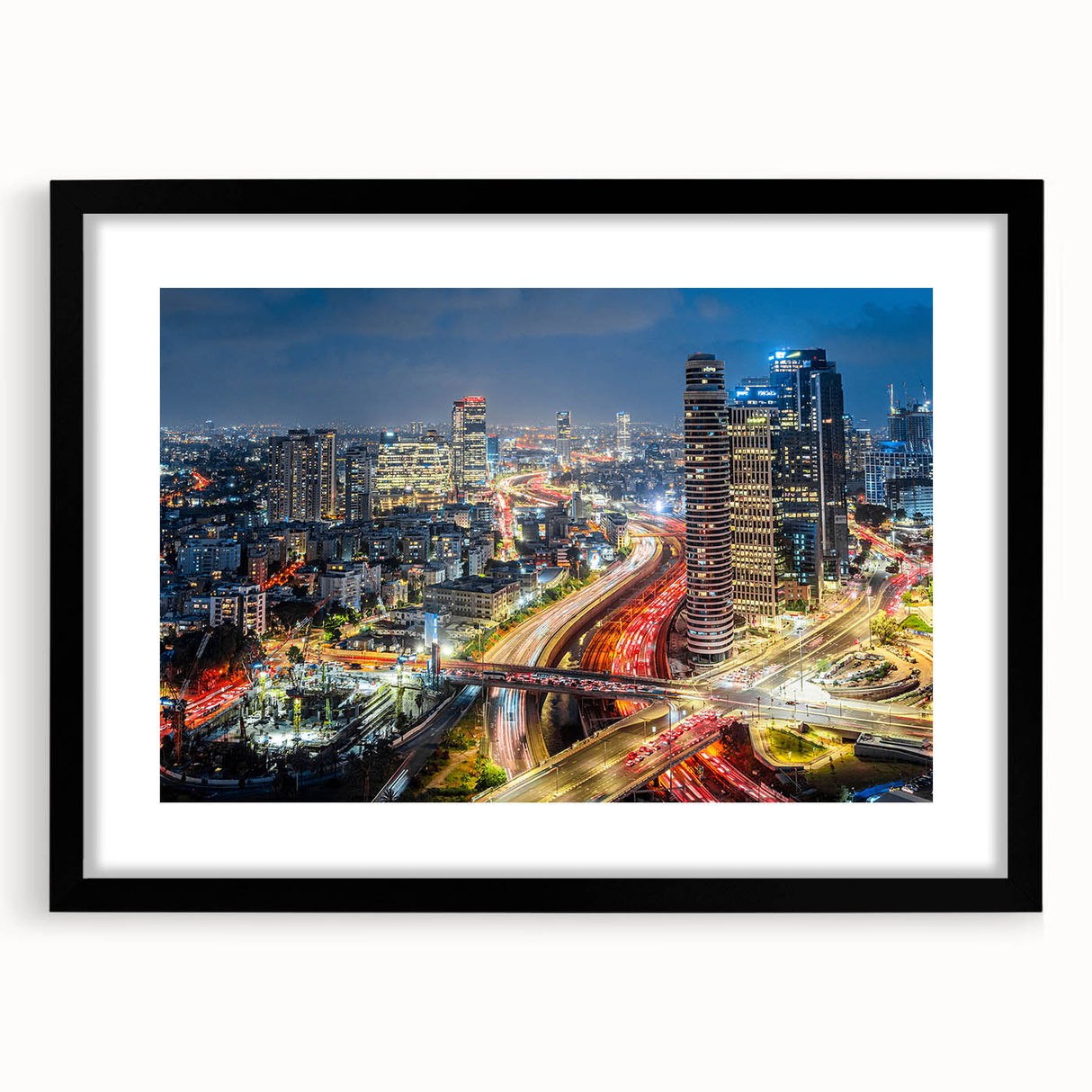 Extra large textured abstract art print of colorful Tel Aviv scenery on a framed black mat, ideal for living room decor.