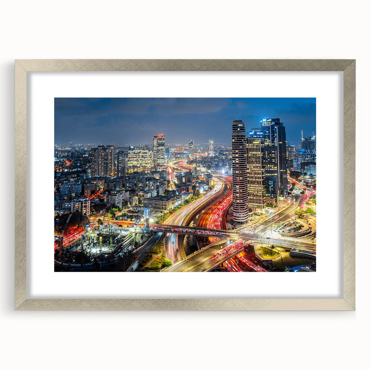 Textured abstract art print of Tel Aviv skyline in muted earth tones on a framed canvas, suitable for bedroom art.