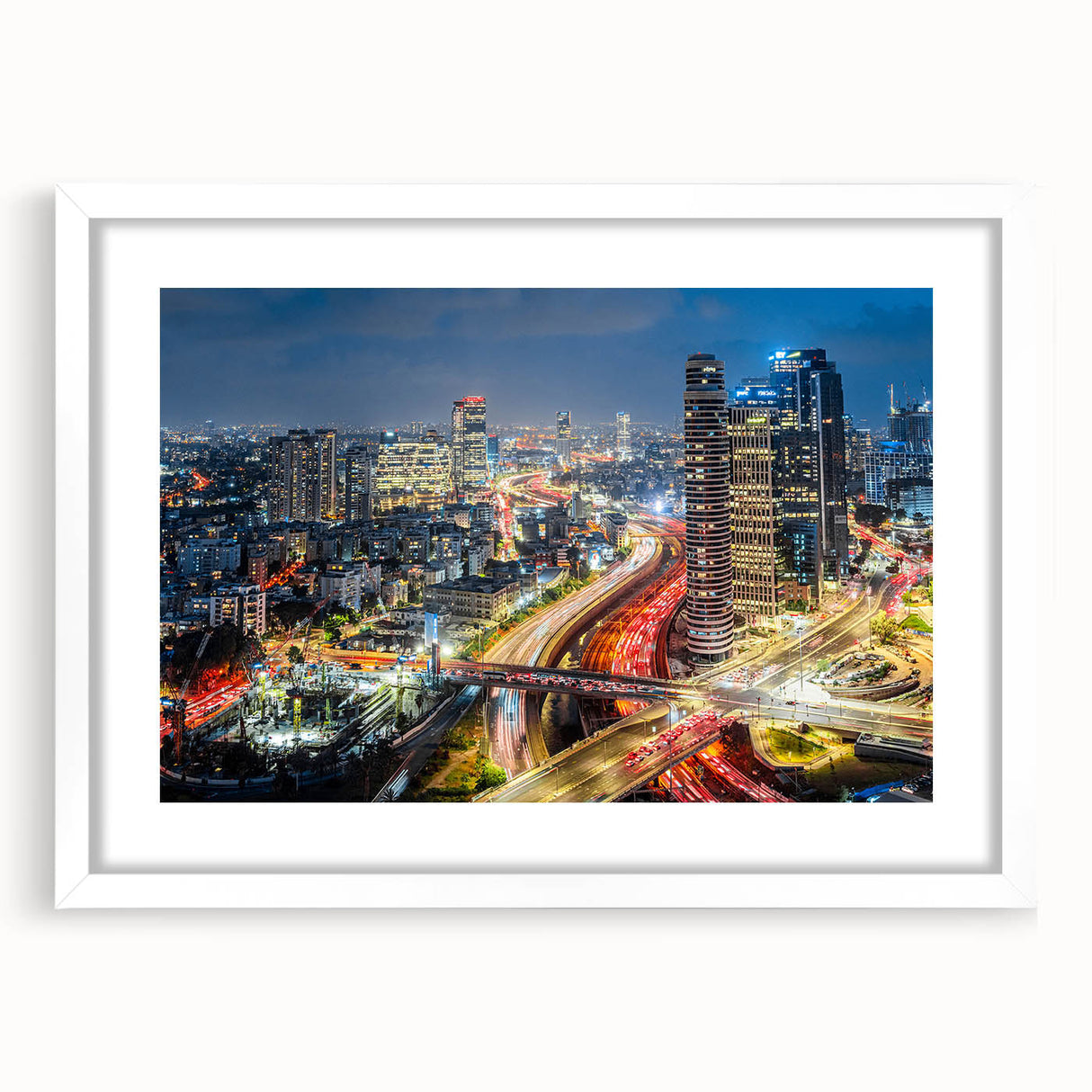 Abstract art print of Tel Aviv skyline in muted blue and white tones on a framed poster, suitable for dining room decor.