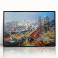 Large abstract wall art of Tel Aviv skyline in muted gray and blue tones on a framed acrylic.