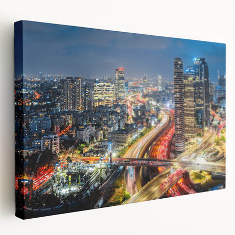 Tel Aviv skyline depicted in muted earth tones on a large stretched canvas, suitable for kitchen wall art.