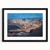 Extra large abstract art print of a colorful Middle Eastern scenery on textured canvas, framed in black.