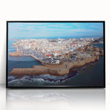 Large abstract wall art depicting a Middle Eastern scenery in muted earth tones on a framed acrylic.