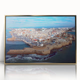 Framed acrylic print of a Mid-century modernist Israeli landscape in gold and earth tones.