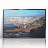 Mid-century modernist art depicting a Middle Eastern landscape in muted earth tones on a framed acrylic print.