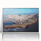 Art deco poster of a Middle Eastern scenery in muted earth tones, acrylic print framed in white.