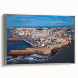 Landscape art painting of a Middle Eastern scenery in vibrant colors on a silver-framed canvas, ideal for living room decor.
