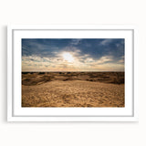 Abstract art print featuring a Middle Eastern Oman scenery in muted earth tones on a white-matted frame.