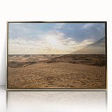 Acrylic print of an Omani landscape in muted earth tones, framed in gold, suitable for modern art wall decor.