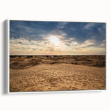 Vintage poster art of an Omani landscape on a white-framed canvas, featuring muted earth tones, ideal for living room decor.